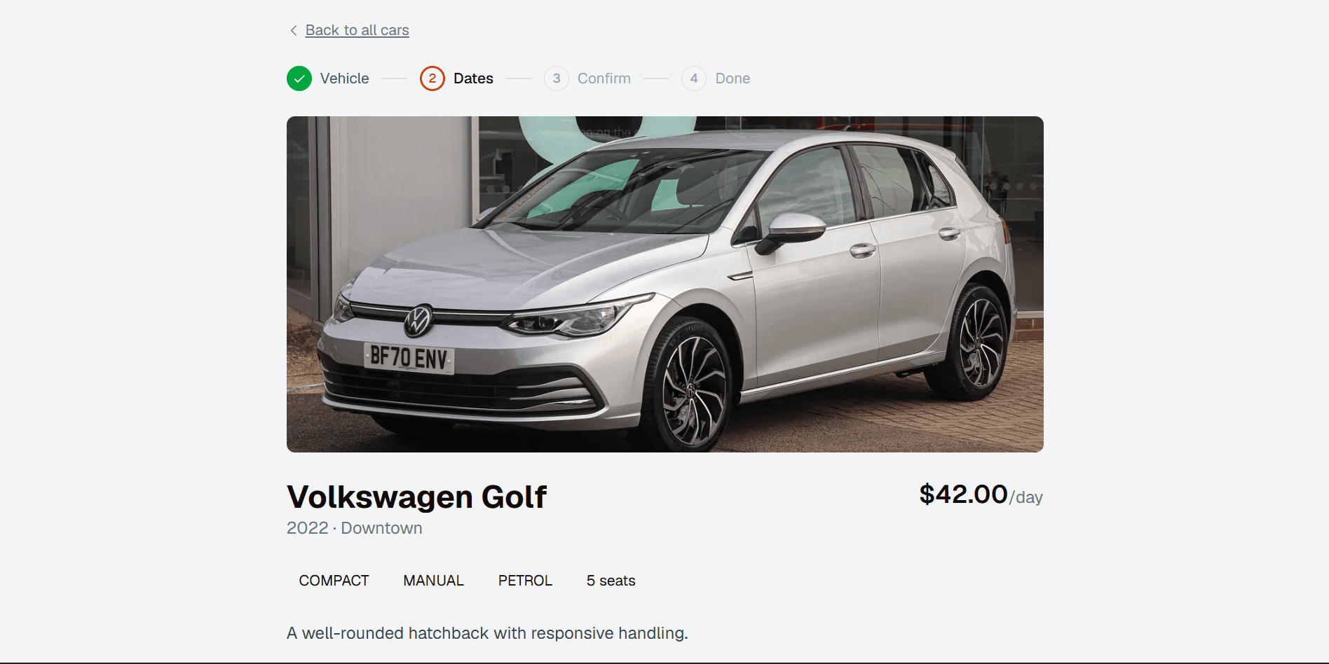 Booking a Volkswagen Golf, step 2 of 4: choosing the dates