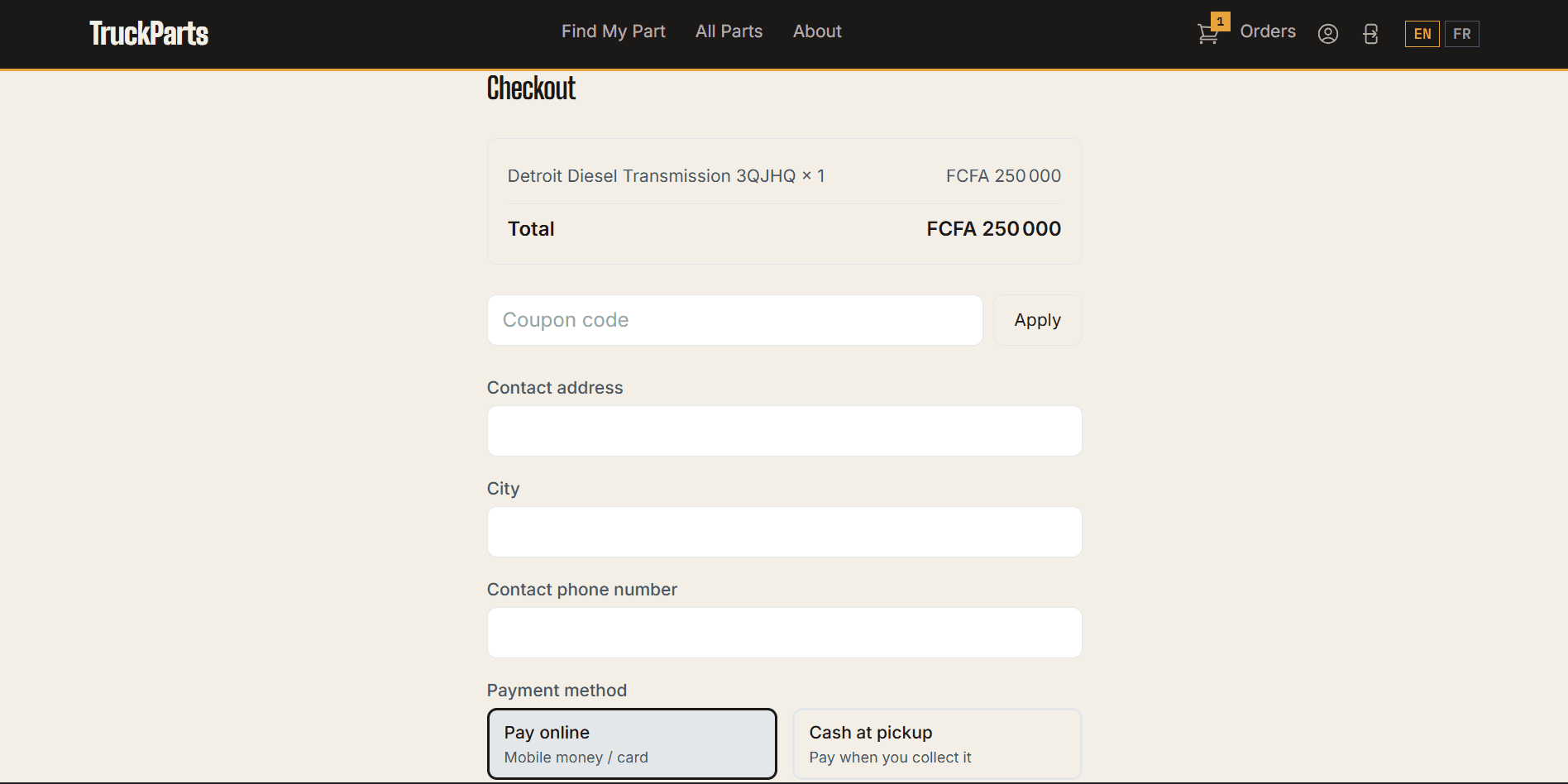 TruckParts checkout: coupon code, contact details, and a choice between paying online (mobile money or card) or cash at pickup