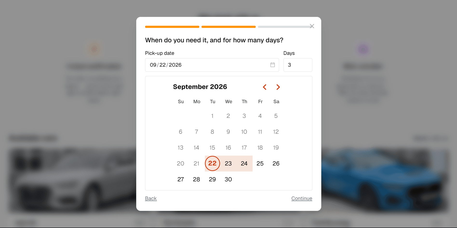 Find my car wizard: picking a pick-up date on a calendar and the number of days