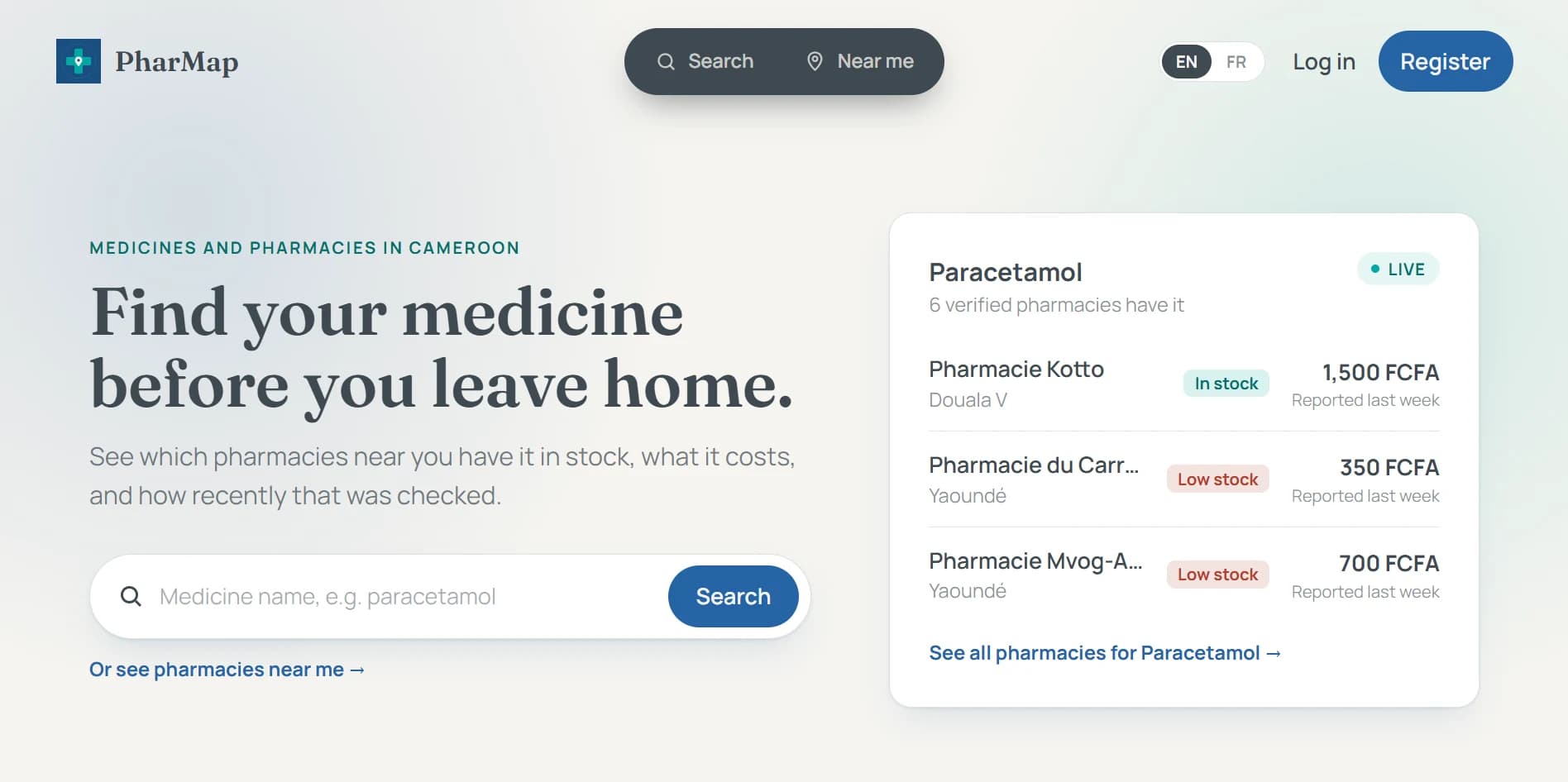 PharMap homepage: “Find your medicine before you leave home”, a medicine search box, and a live card showing which verified pharmacies have Paracetamol, with prices and stock levels