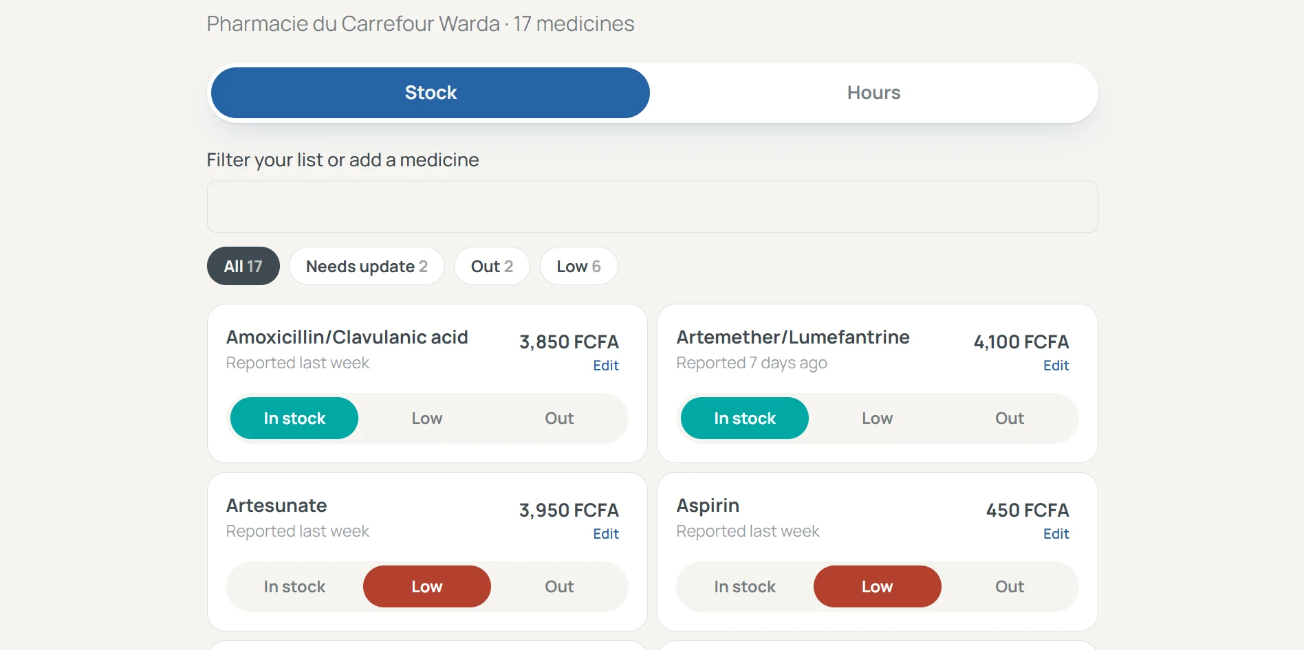 Inventory of Pharmacie du Carrefour Warda: filters for needs update, out and low, and In stock, Low and Out buttons with the price on each medicine