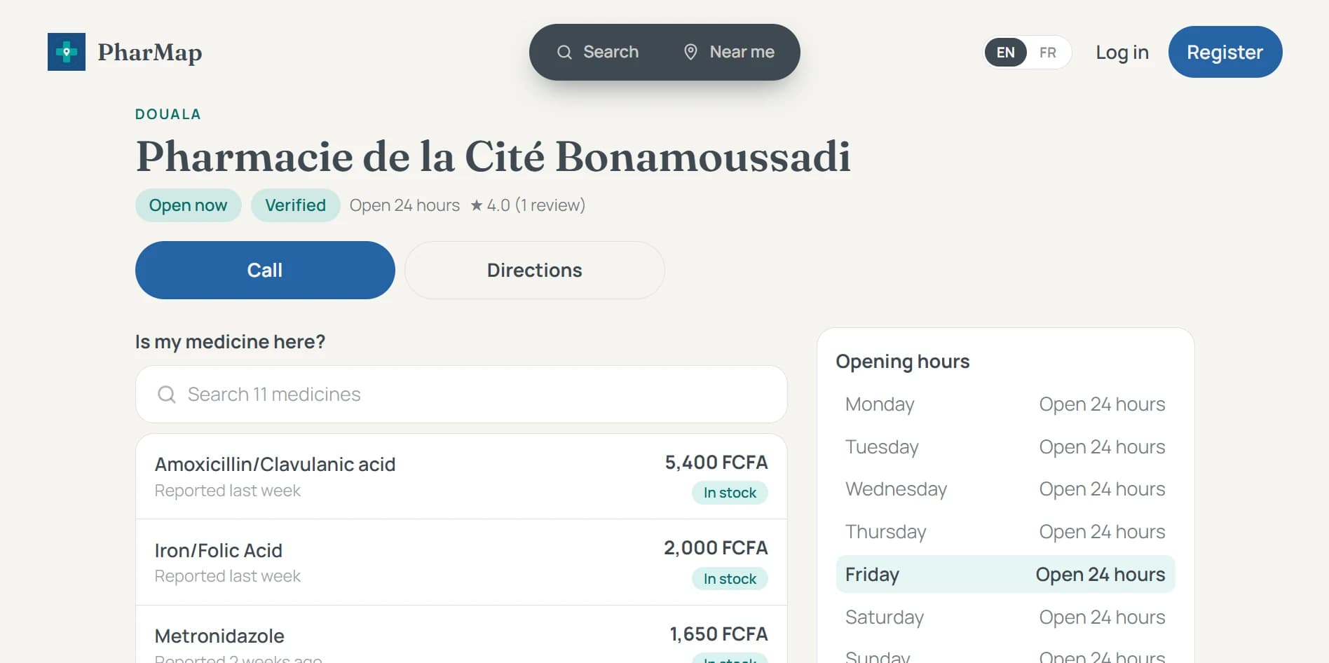 Pharmacie de la Cité Bonamoussadi in Douala: open now, verified, rated 4.0, Call and Directions buttons, a searchable list of its medicines with prices and when each was reported, and its opening hours