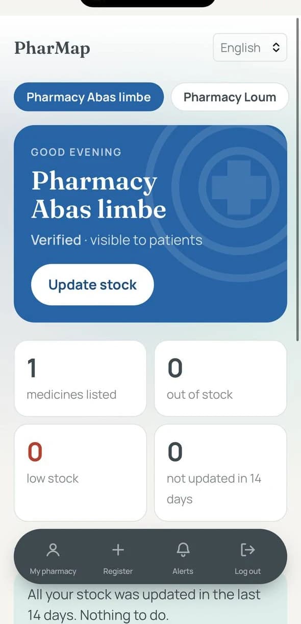 PharMap on a phone, pharmacy owner dashboard with an Update stock button and stock counts